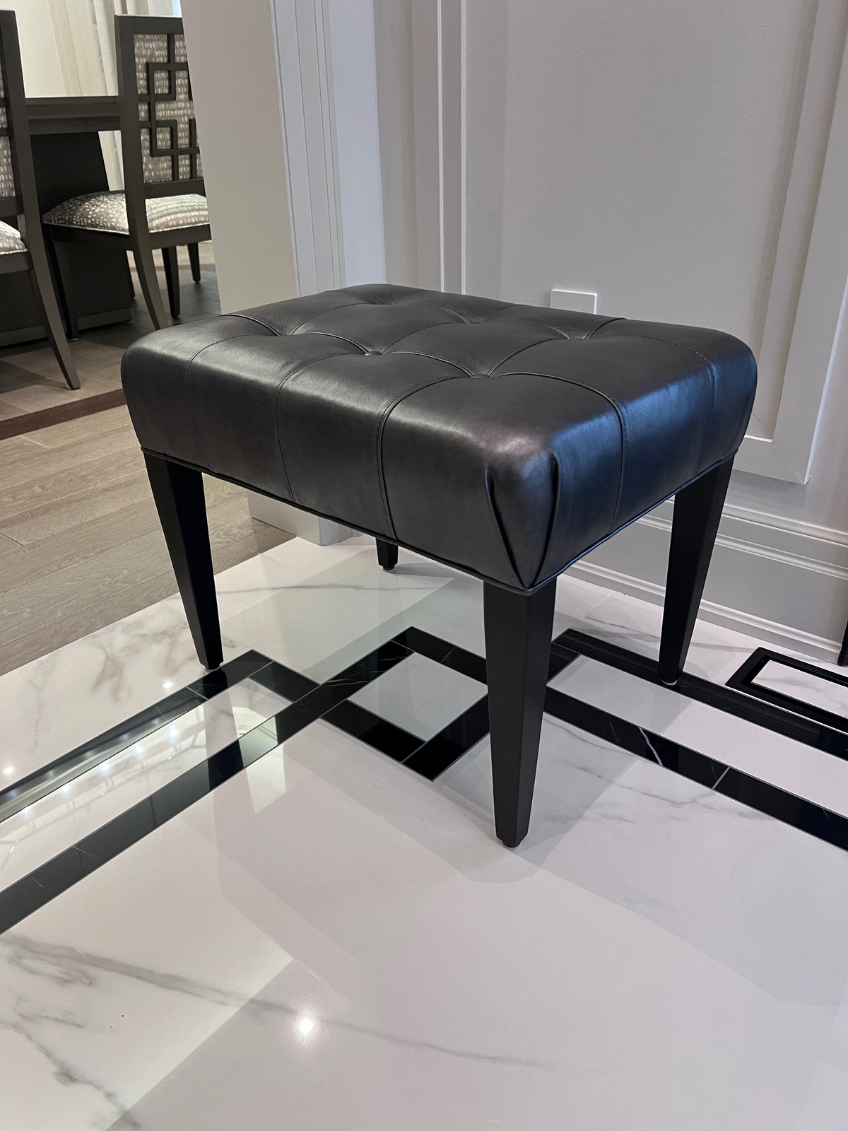Ethan Allen Harbor Leather Tufted Wood-Base Bunching Ottoman, Lazaro Charcoal # 2 (*retail $1,072)