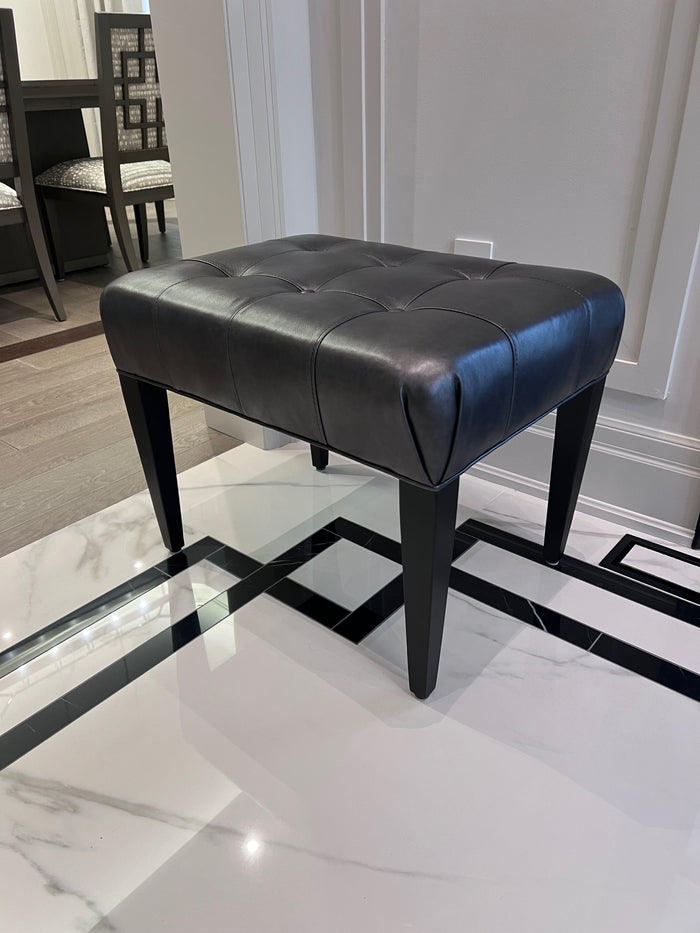 Ethan Allen Harbor Leather Tufted Wood-Base Bunching Ottoman, Lazaro Charcoal # 2 (*retail $1,072)