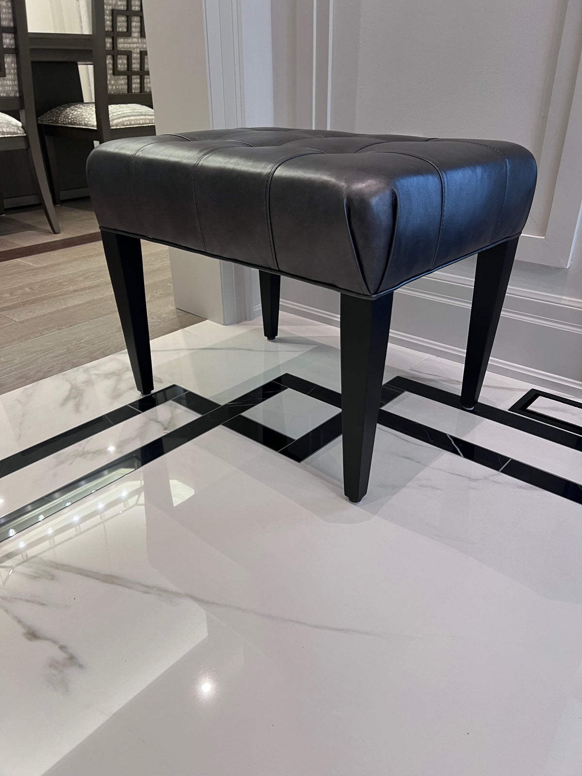 Ethan Allen Harbor Leather Tufted Wood-Base Bunching Ottoman, Lazaro Charcoal # 2 (*retail $1,072)