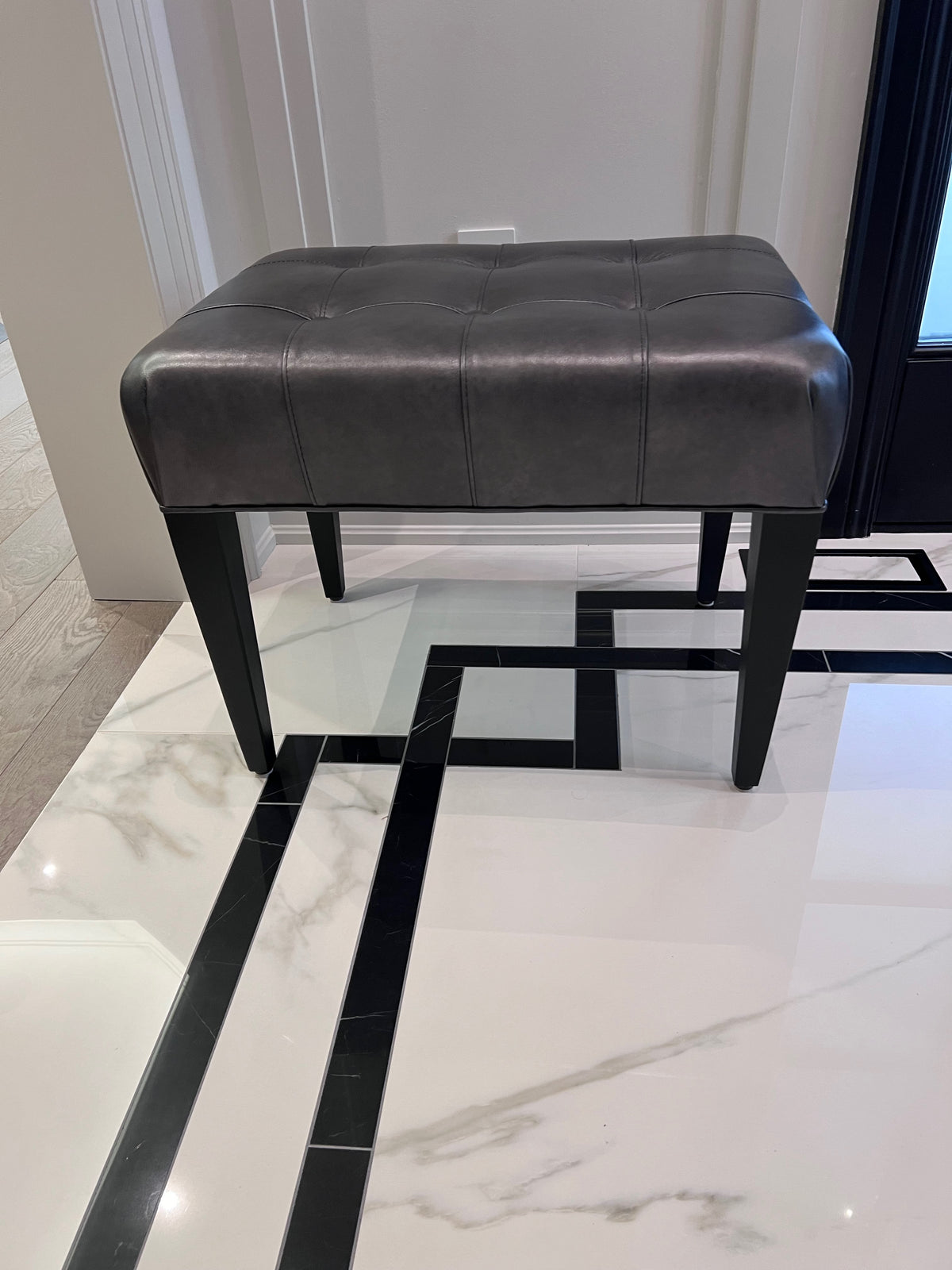 Ethan Allen Harbor Leather Tufted Wood-Base Bunching Ottoman, Lazaro Charcoal # 2 (*retail $1,072)