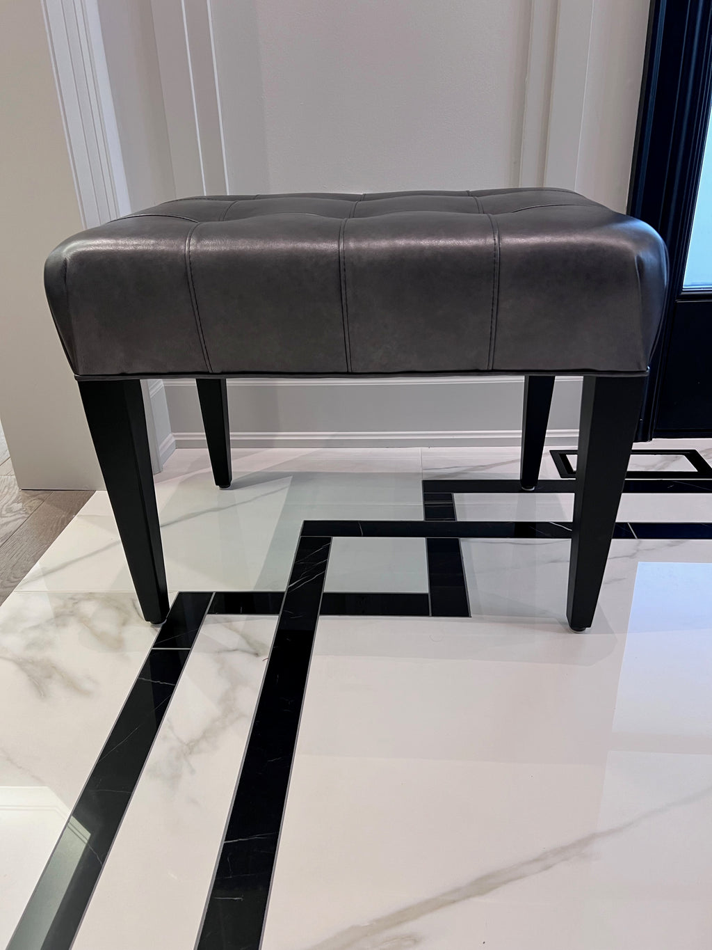 Ethan Allen Harbor Leather Tufted Wood-Base Bunching Ottoman, Lazaro Charcoal # 2 (*retail $1,072)