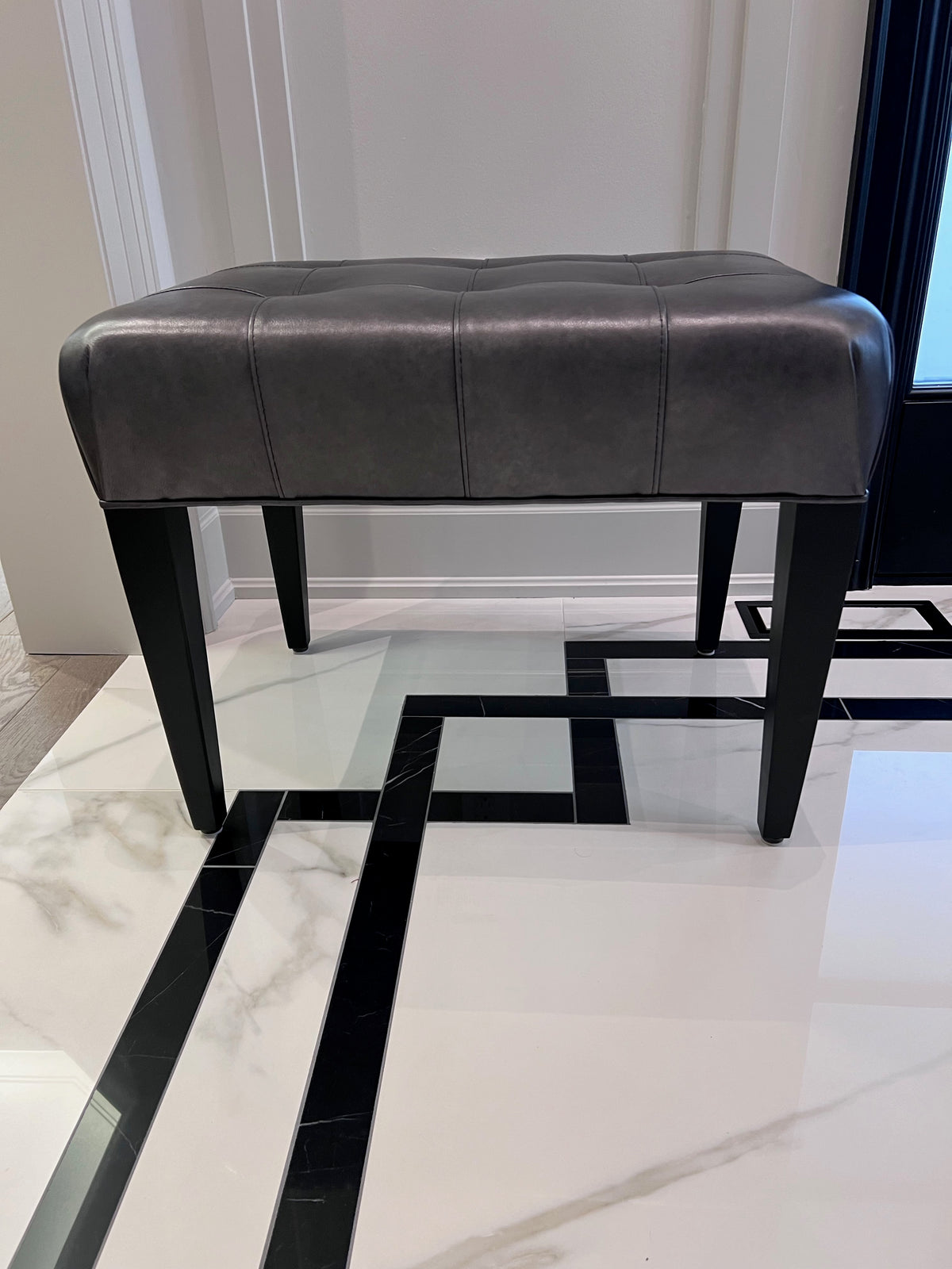 Ethan Allen Harbor Leather Tufted Wood-Base Bunching Ottoman, Lazaro Charcoal # 2 (*retail $1,072)