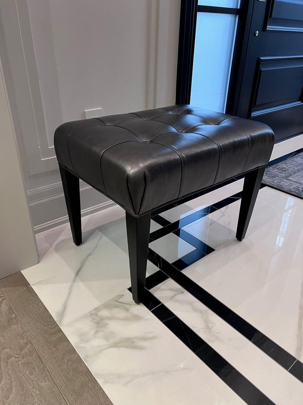 Ethan Allen Harbor Leather Tufted Wood-Base Bunching Ottoman, Lazaro Charcoal # 2 (*retail $1,072)