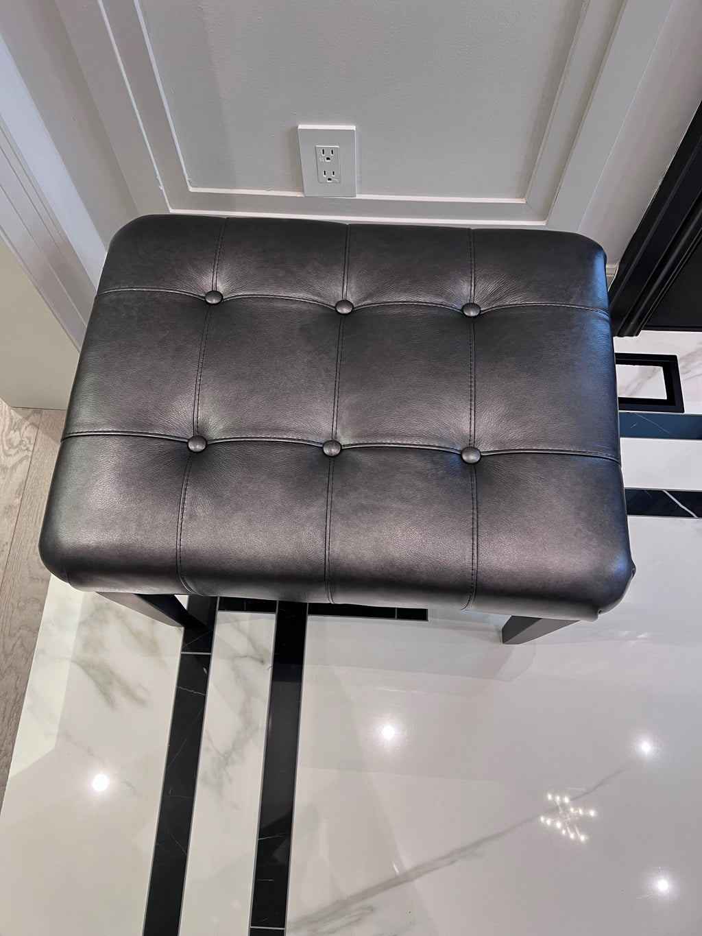 Ethan Allen Harbor Leather Tufted Wood-Base Bunching Ottoman, Lazaro Charcoal # 2 (*retail $1,072)