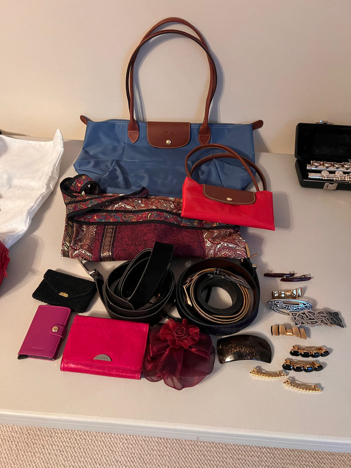 Women's Accessories Lot (2 Longchamp Bags, Belts, Wallets, Hair Pins)
