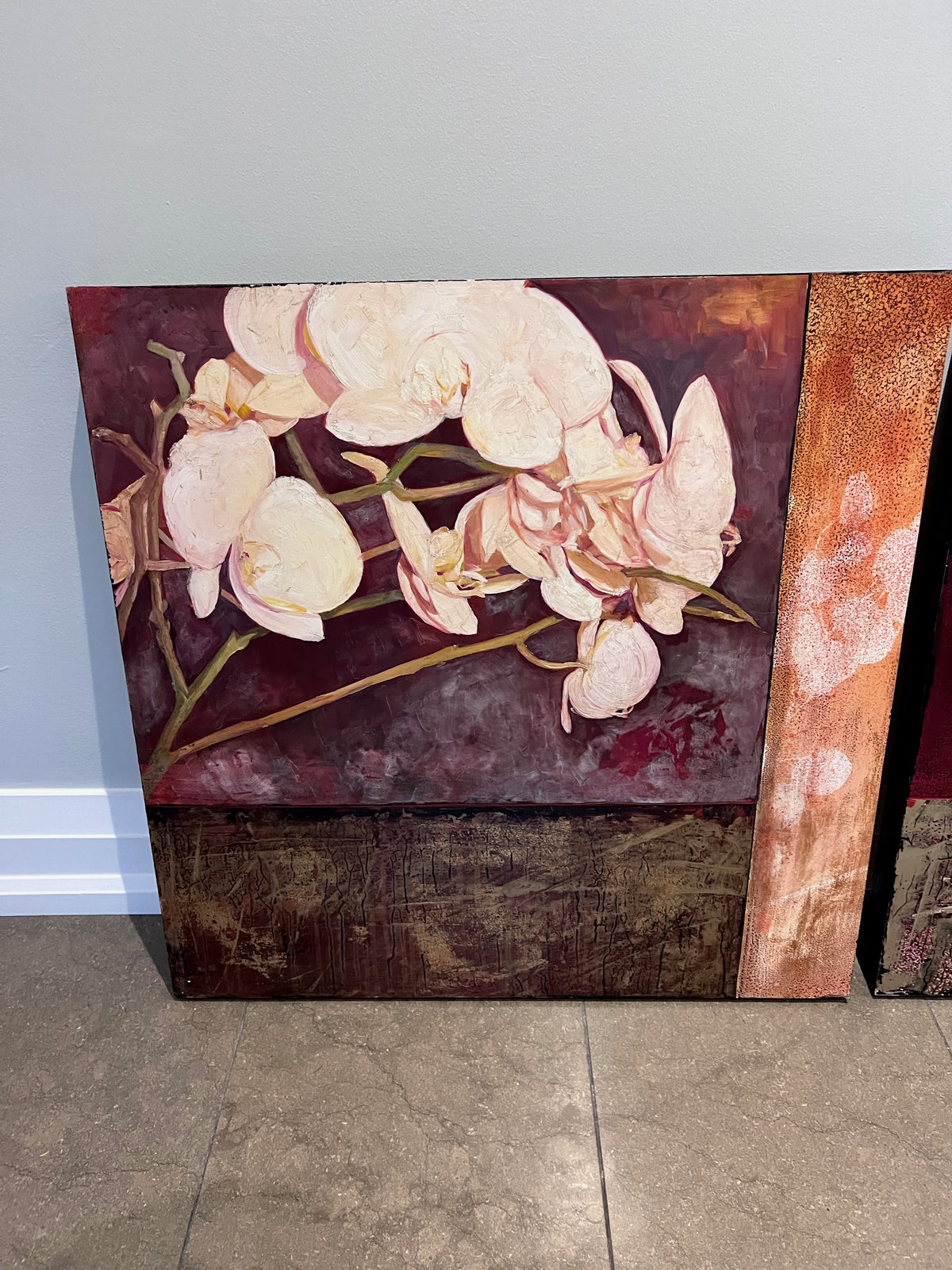White Orchid Bloom #1 & White Orchid Bloom #2 Oil on Board by Matina Theodosiou-- Gallery Tag Included (*retail $2,200)