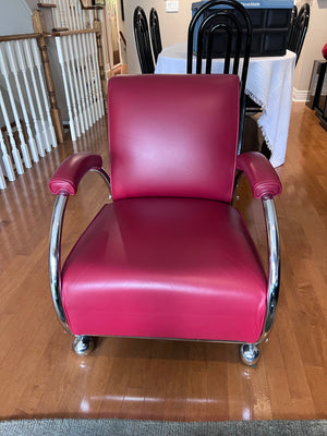 Designer Red Leather Chair, Chrome Tubular Frame by Vic-Line