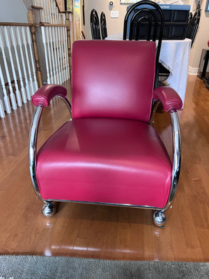Designer Red Leather Chair, Chrome Tubular Frame by Vic-Line