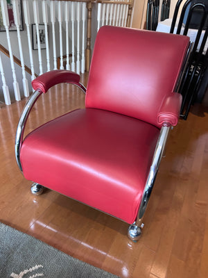Designer Red Leather Chair, Chrome Tubular Frame by Vic-Line