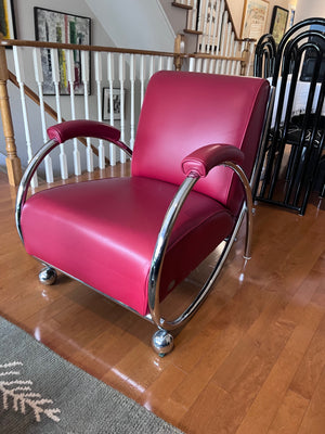 Designer Red Leather Chair, Chrome Tubular Frame by Vic-Line