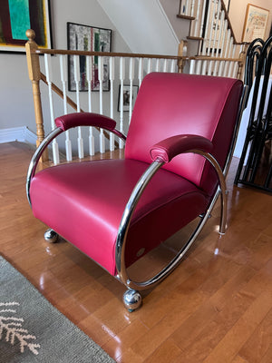 Designer Red Leather Chair, Chrome Tubular Frame by Vic-Line