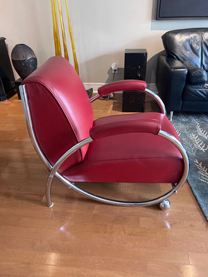 Designer Red Leather Chair, Chrome Tubular Frame by Vic-Line