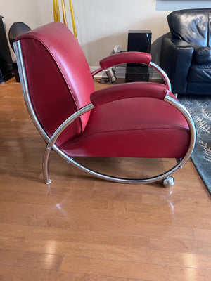 Designer Red Leather Chair, Chrome Tubular Frame by Vic-Line