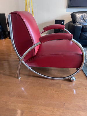 Designer Red Leather Chair, Chrome Tubular Frame by Vic-Line