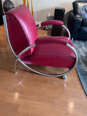 Designer Red Leather Chair, Chrome Tubular Frame by Vic-Line