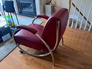 Designer Red Leather Chair, Chrome Tubular Frame by Vic-Line
