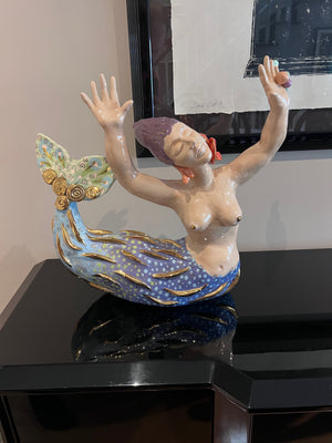 Lorie Schinko (Canadian, 20th/21st Century) Mara Moon, Gilt Glazed Earthenware Mermaid