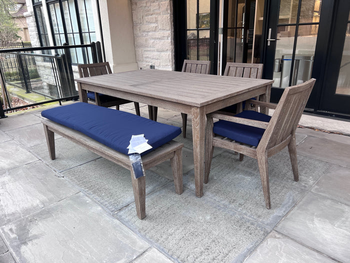 Ethan Allen Bridgewater Cove Teak Dining Table + Dining Bench + 4 Dining Armchairs with Custom Navy Cushions (*retail $11,041)