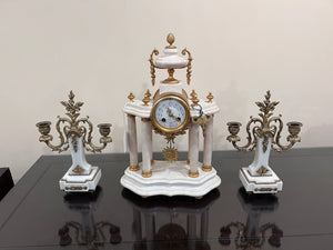 Antique French Marble Mantel Clock with 2 Candle Holders