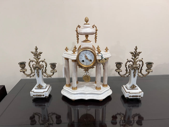 Antique French Marble Mantel Clock with 2 Candle Holders
