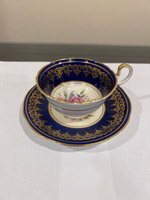 Aynsley Cabbage Rose Cobalt Blue with Pink Cup & Saucer