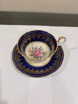 Aynsley Cabbage Rose Cobalt Blue with Pink Cup & Saucer