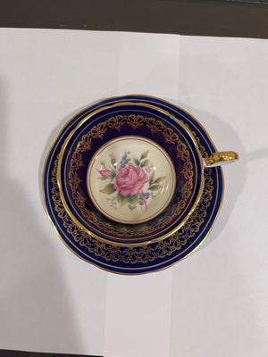 Aynsley Cabbage Rose Cobalt Blue with Pink Cup & Saucer