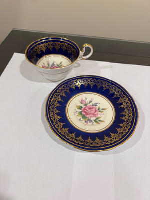 Aynsley Cabbage Rose Cobalt Blue with Pink Cup & Saucer