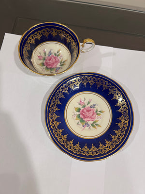 Aynsley Cabbage Rose Cobalt Blue with Pink Cup & Saucer