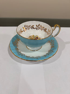 Aynsley Orchard Fruit Center Turquoise Cup & Saucer c280