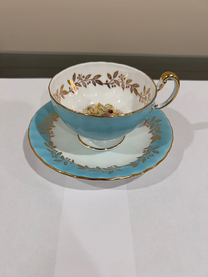 Aynsley Orchard Fruit Center Turquoise Cup & Saucer c280