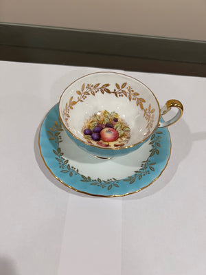 Aynsley Orchard Fruit Center Turquoise Cup & Saucer c280
