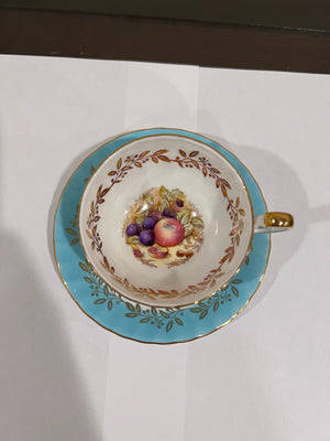 Aynsley Orchard Fruit Center Turquoise Cup & Saucer c280