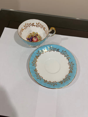 Aynsley Orchard Fruit Center Turquoise Cup & Saucer c280