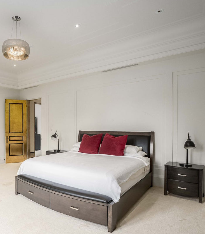 Dark Brown Wood and Faux Leather King Storage Bed (*condition noted)