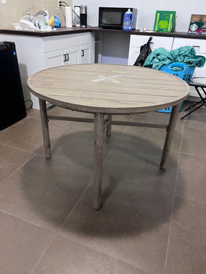 Round Slat Dining Table, Steel Faux Wood