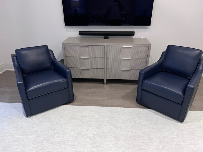 2 Ethan Allen Wes Leather Swivel Chairs in 'Odessa Indigo L5088' (*retail $5,664)