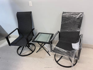 2 Black Sling Swivel Chairs + Folding Side Table