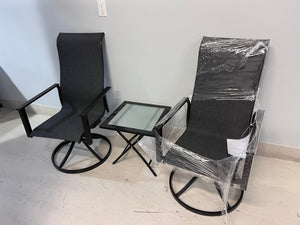 2 Black Sling Swivel Chairs + Folding Side Table