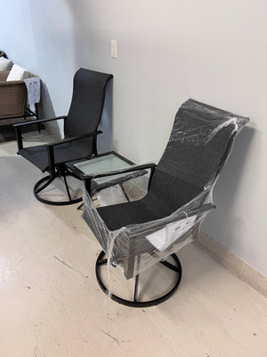 2 Black Sling Swivel Chairs + Folding Side Table