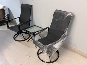 2 Black Sling Swivel Chairs + Folding Side Table