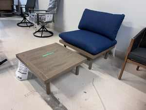 Low Profile Large Armless Lounge Chair with Blue Cushions + Coffee Table