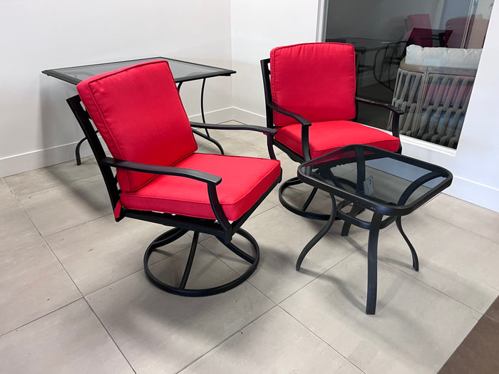 3 pc Set- 2 Swivel Chairs with Red Cushions + Side Table