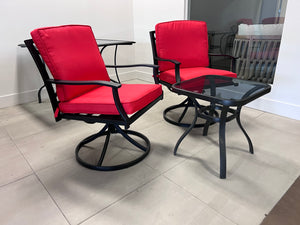 3 pc Set- 2 Swivel Chairs with Red Cushions + Side Table
