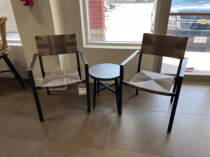 3 pc Set- 2 Wicker Chairs + Black Steel Side Table