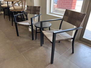 3 pc Set- 2 Wicker Chairs + Black Steel Side Table