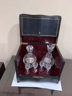 Antique Black Lacquered Table Top Bar + 2 Crystal Decanters and 4 Liqueur Glasses