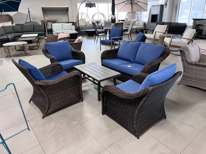 5pc Wicker Conversation Set, Blue Cushions