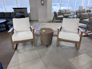 2 Rocking Chairs with White Cushions + Wicker Side Table/Cooler