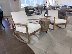 2 Rocking Chairs with White Cushions + Wicker Side Table/Cooler